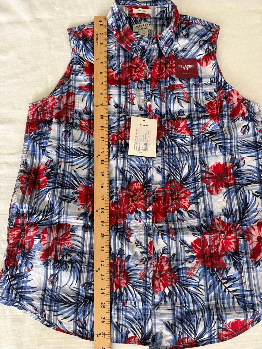 Ariat Sleeveless Floral Plaid Button-Front Top - Red & Blue - Picture 6 of 7